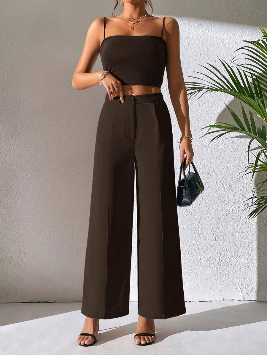 Women's Dark Brown 2-Piece Set – Spaghetti Strap Crop Top & High-Waisted Wide-Leg Trousers